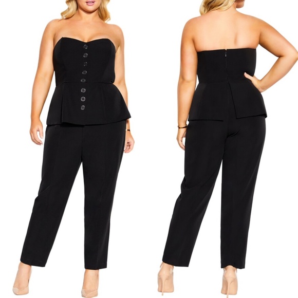 NEW Plus Size CITY CHIC Black EMMA Strapless PEPLUM Button COCKTAIL JUMPSUIT 18 - Picture 1 of 16